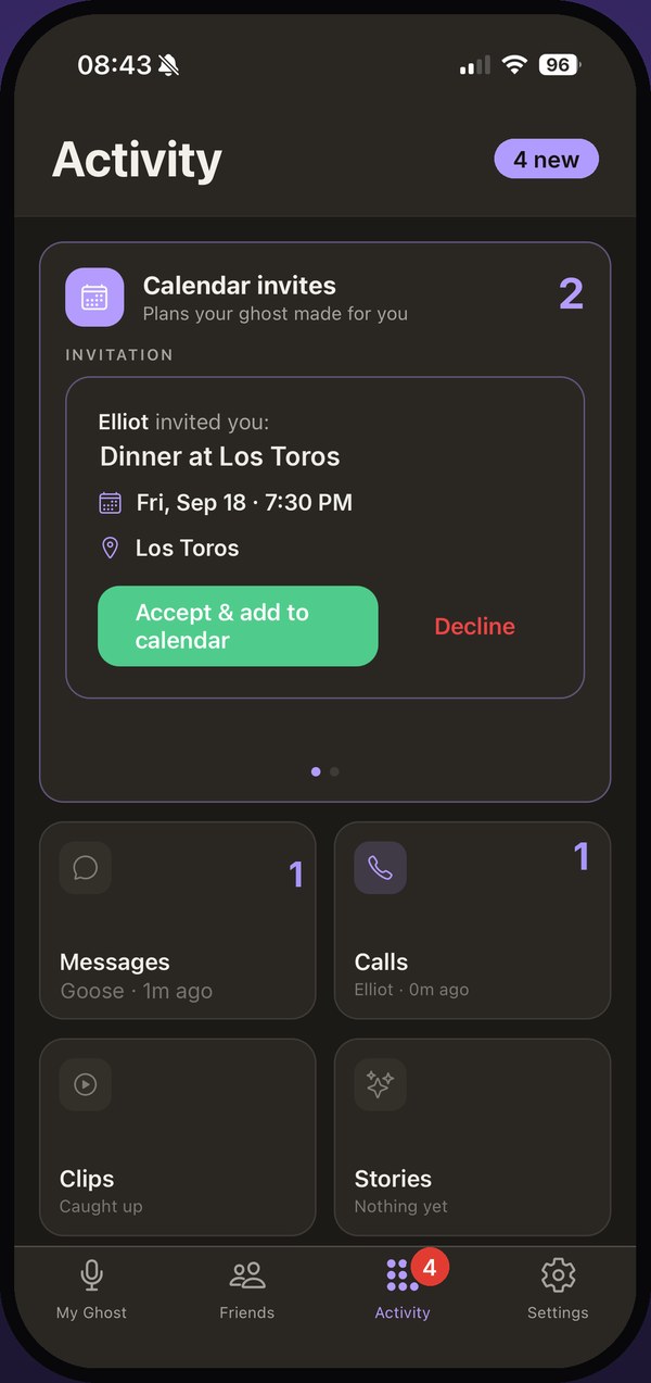 The Activity screen: a calendar invitation from a friend for dinner, with Accept and add to calendar and Decline buttons.