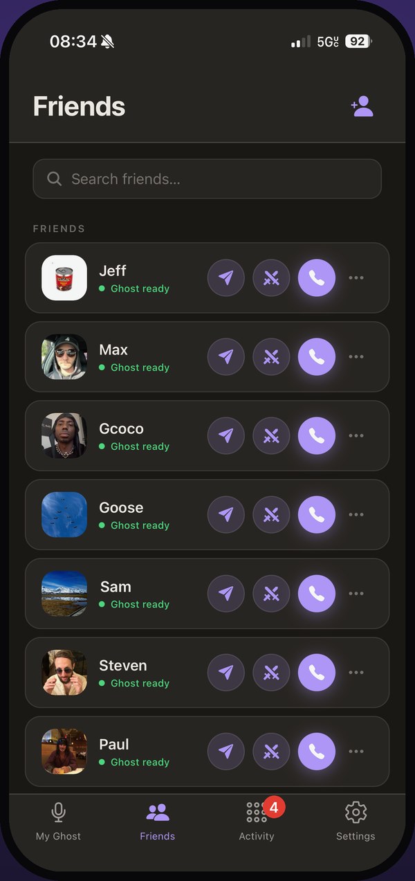 The Friends screen: a list of friends, each marked Ghost ready, with buttons to send a message, start a Ghost Story, or call.