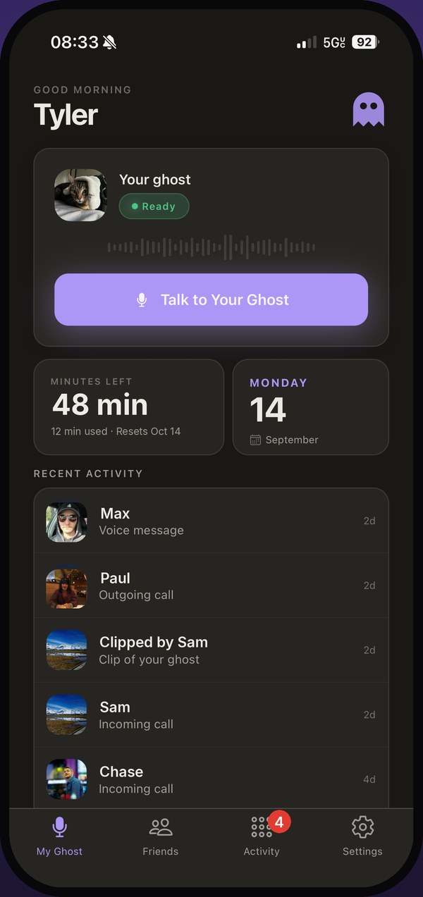 The Ghost of You home screen: your ghost is ready, with a Talk to Your Ghost button, minutes left, and recent calls and voice messages from friends.